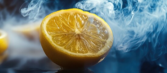 Smoky yellow lemon half surrounded by swirling blue smoke on a dark reflective surface showcasing the contrast of vibrant fruit and ethereal mist