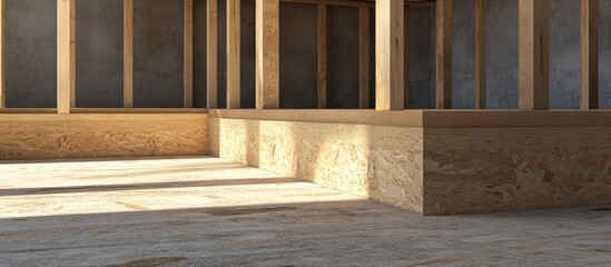 Wooden floor joists and crawl space framing in an unfinished room with soft lighting casting shadows on bare wooden surfaces and walls