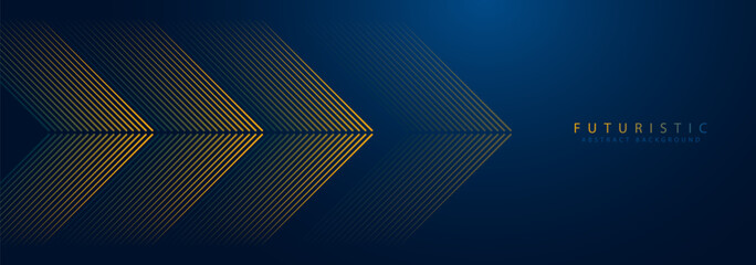 Dark blue abstract background with glowing arrow lines. Modern shiny yellow geometric lines design. Technology futuristic concept. Horizontal banner template. Suit for cover, header, banner.
