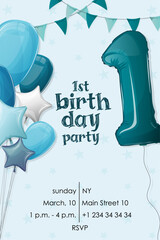 boy birthday invitation with inflatable balloons in the shape of stars and number one in blue colors 