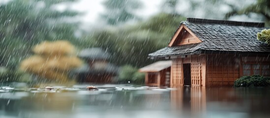 Fototapeta premium Japanese paper craft house model near a pond with heavy rain falling, vibrant greenery blurred in the background, warm wooden tones in focus.