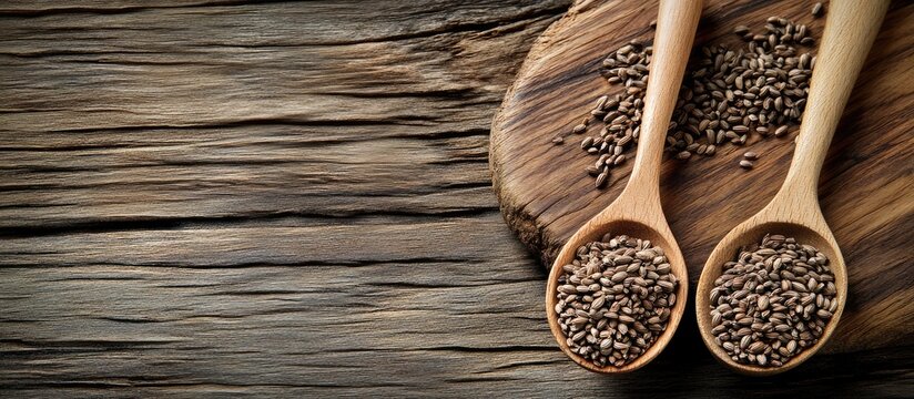 Spoons filled with cumin seeds on a textured wooden board with scattered seeds and ample blank space for text on the right side