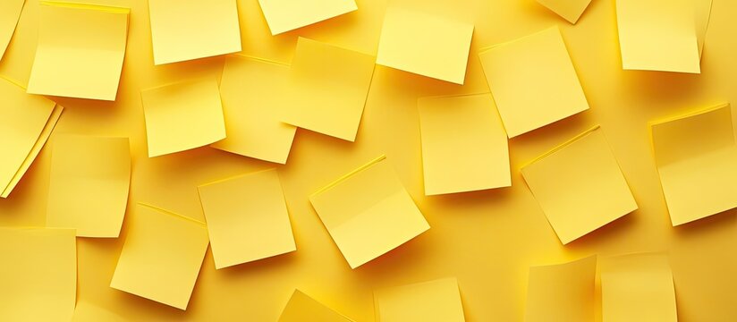 Bright yellow sticky notes scattered across a vibrant yellow background, creating a unified yet textured appearance of notes in various positions.