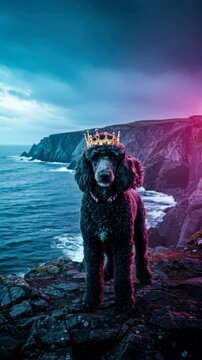 A regal caniche royal wearing a crown stands on a rocky cliff by the ocean, with dramatic skies and waves crashing - "caniche royal"