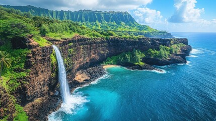 Obraz premium Tropical waterfall flows into the blue ocean. Green lush mountains by the sea. Beautiful coastal scenery with cliffs and trees under a bright sky.