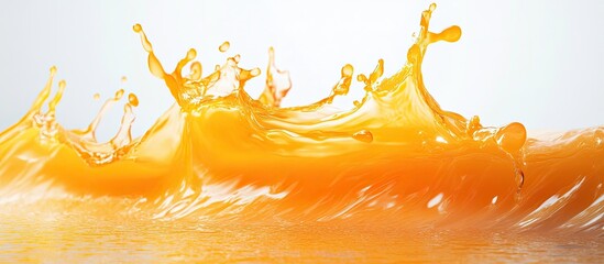 Vibrant orange water splash flowing dynamically across a clean white background with various splashes and droplets creating a lively effect.