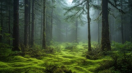 Fototapeta premium Green mossy ground in forest. Tall trees stand in fog. Nature scene with peaceful mood. Landscape with dark forest floor.