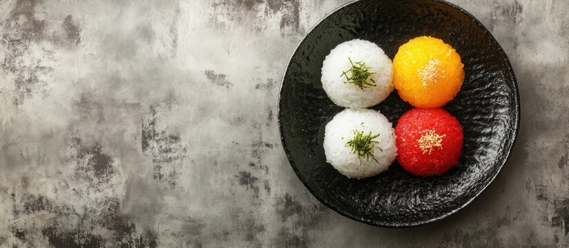 Vibrant five-color Korean rice cakes arranged in a black bowl against a textured gray background with subtle earth tones and contrasting colors.