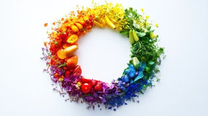 Rainbow food circle, healthy eating, white background, recipe inspiration