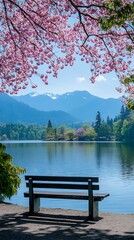 Fototapeta premium Serene lakeside bench beneath blossoming cherry tree.