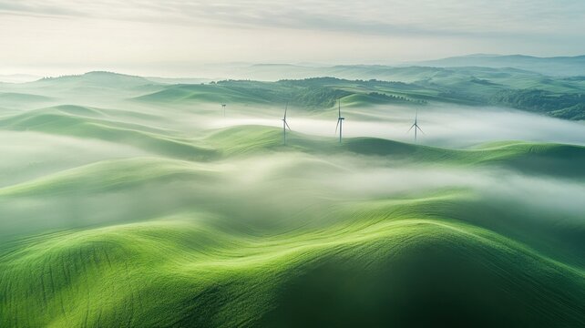 Aerial view of a wind farm on rolling hills, showcasing renewable energy in a stunning landscape.