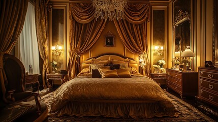 Cozy golden-themed bedroom with sophisticated design elements