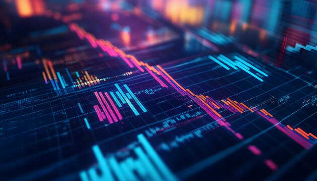 A close-up of a stock market chart with volume bars and price action  -