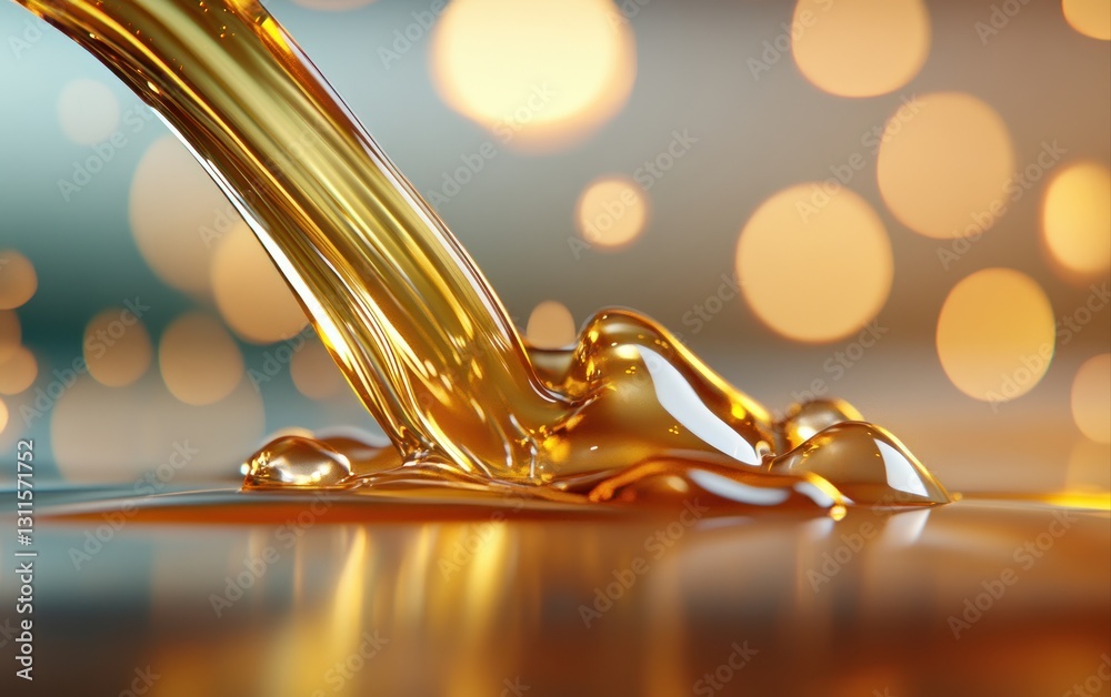 Aufkleber Golden Liquid Flowing Smoothly on Surface with Bokeh Background in Soft Focus