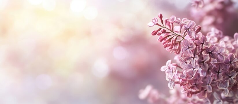 Light pink lilac branch in sharp focus on the right, blurred pastel floral backdrop with soft bokeh highlights throughout the image.