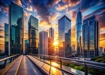 Fototapeta premium Stunning City Skyline Architecture at Sunset, Modern Urban Landscape with Copy Space