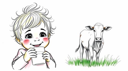 Obraz premium Child, cow and fresh milk
