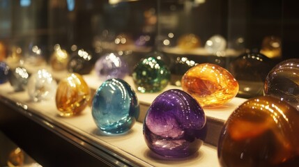 Assortment of polished gems inside a secure, locked display case.
