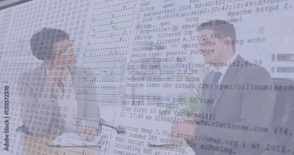 Poster discussing computer code, business professionals with animation of network data in office