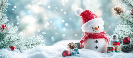 Christmas snowman decoration with red scarf and hat surrounded by snow, vibrant pine branches, and sparkling soft bokeh background elements.