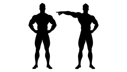 silhouette of a two body builders one standing and posing and another pointing