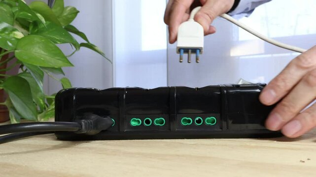 Close up of cables connected to black power strip, man's hand inserts electrical cables into power strip in foreground.