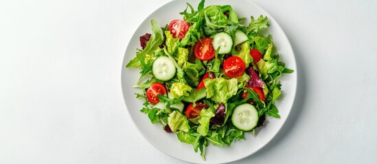Fresh vibrant mix of green salad leaves with cherry tomatoes and cucumber slices arranged on a white plate top view against a plain background