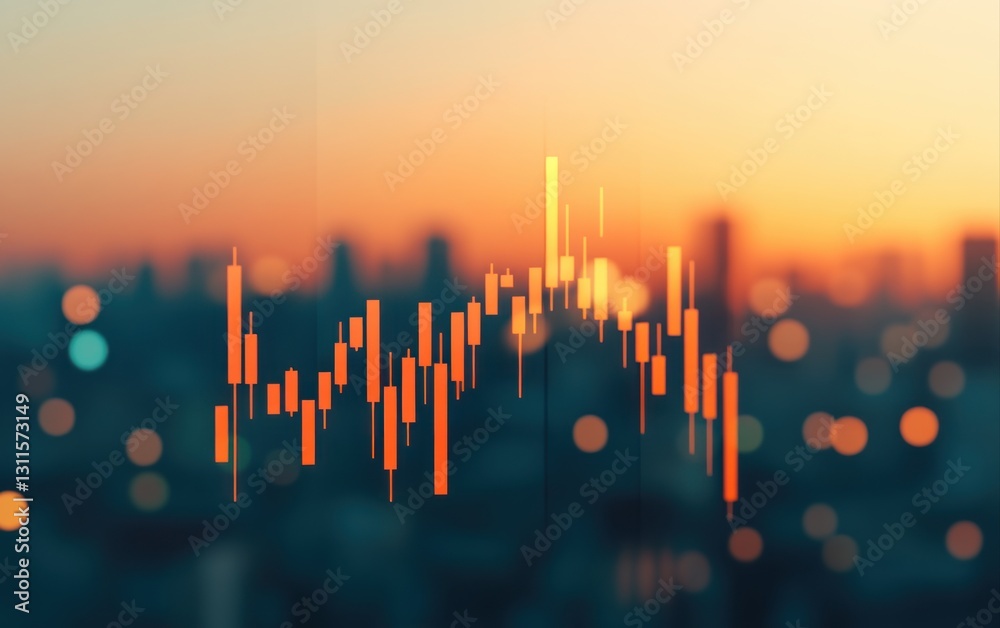 Poster abstract financial chart overlay with sunset background for business and investment themes