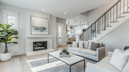 Modern living room, open plan, natural light, staircase, kitchen view, home staging