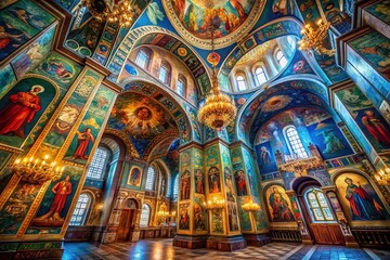 Obraz premium Stunning Interior of a Russian Orthodox Church, Vibrant Mosaics and Architectural Details