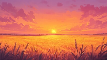 Obraz premium Serene Sunset Over Golden Wheat Field with Colorful Sky and Gentle Clouds