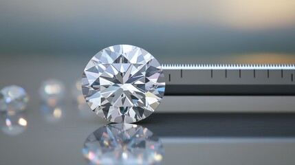 A digital caliper measuring the dimensions of a round brilliant-cut diamond.
