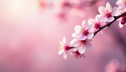 Fototapeta premium Delicate cherry branch with blossoming flowers against a soft spring background, blossom tree, tree, branch