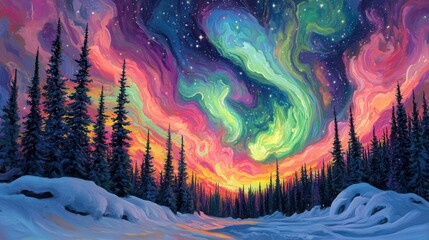 Obraz premium A captivating oil painting of a snowy landscape, bursting with vibrant hues—lustrous blues, lush greens, warm yellows, radiant oranges, and rich reds, intricately detailed for an immersive experience