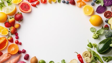 Rainbow fruit and vegetable border; white background; healthy eating