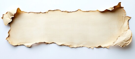 Fototapeta premium Vintage torn paper texture on white backdrop with irregular edges at the top and bottom, creating an artistic frame for text or design.