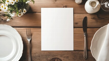 Rustic Table Setting: An overhead shot of a beautifully arranged table setting, blending elegance and rustic charm, featuring pristine plates, gleaming silverware, a floral centerpiece.