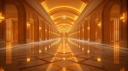 Luxurious golden hallway with elegant chandeliers and polished marble floors, creating a serene atmosphere