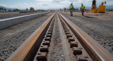 Long straight railway tracks stretch into the distance, with gravel lining the sides. Construction workers in safety gear observe the site under clear skies, indicating ongoing development