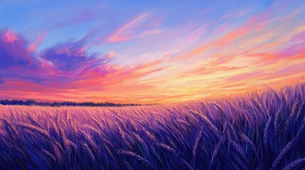 Serene Sunset Over Golden Wheat Field with Colorful Sky and Gentle Breeze Bringing Calmness and Beauty to Nature