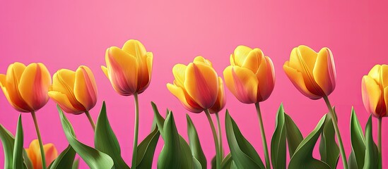 Fototapeta premium Vibrant yellow tulips lined along the bottom against a soft pink gradient background creating an elegant space for text or design elements.
