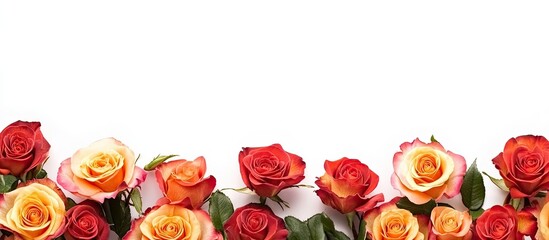 Colorful orange and red roses create a vibrant border along the bottom edge of a clean white background, ideal for web banners and promotions.