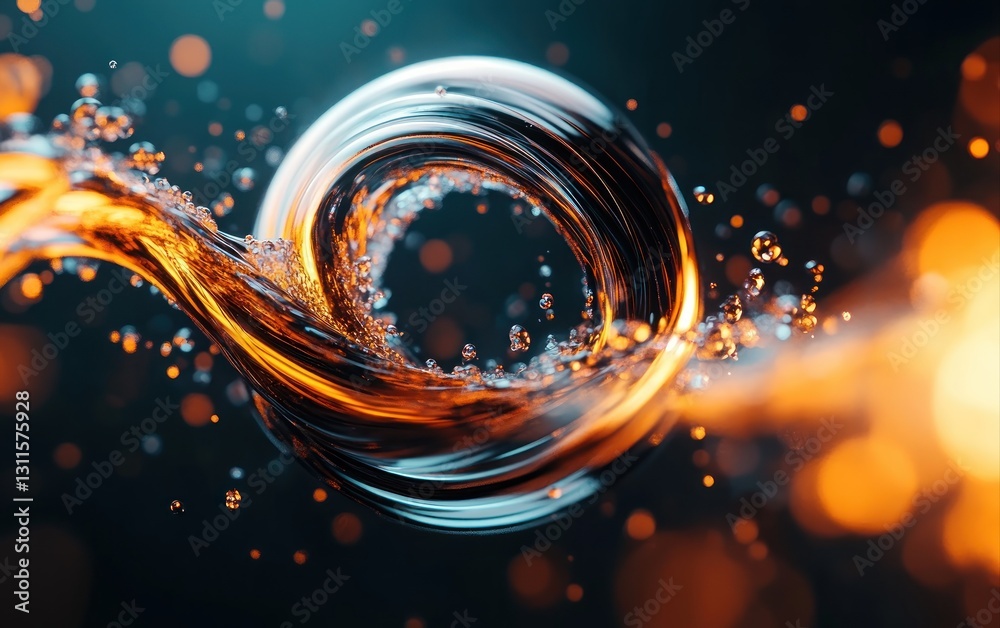 Poster swirling liquid dynamics with sparkling water bubbles and vibrant light effects