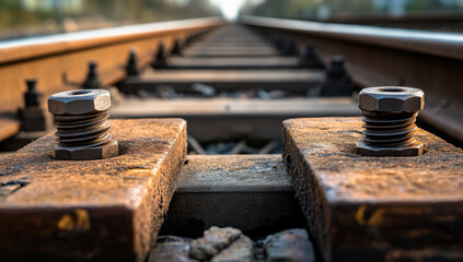 Close-up of railway tracks focusing on metal bolts and gravel between the rails, showcasing the intricate details of the railway system during daylight