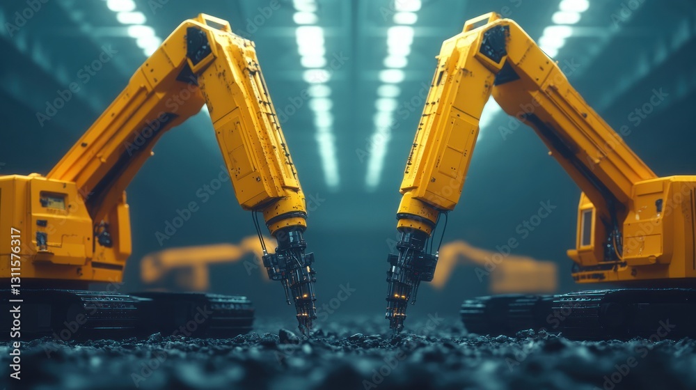 Aufkleber robotic excavators working in industrial environment with futuristic technology and design