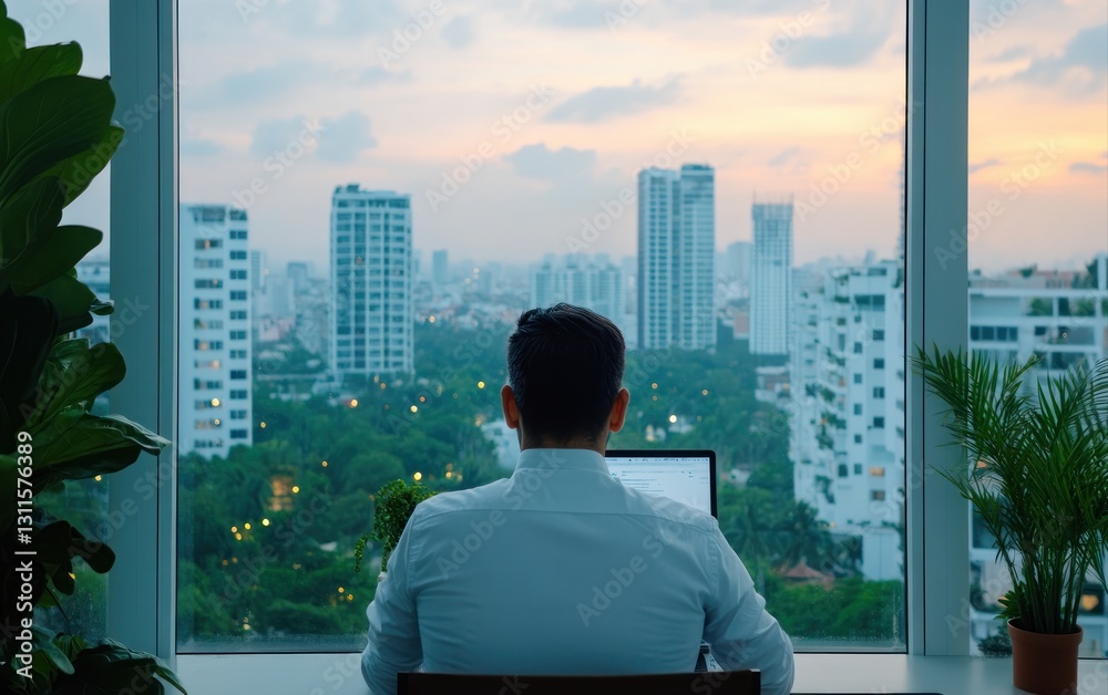 Poster man working at desk with laptop overlooking cityscape at sunset through large windows