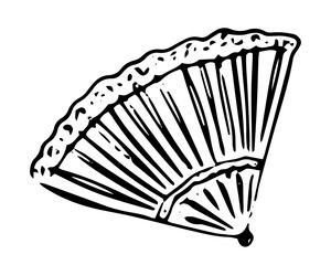 Vintage Fan whimsical vector illustration on isolated background. Naive Line art lace hand fan drawing for logotype or contemporary design. Monochrome minimal contour drawing classic woman accessory. © Elena