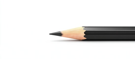 Black pencil positioned horizontally on a bright white background showcasing its sharpened tip with clear copyspace for creative use.