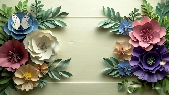 Elegant paper flowers and butterfly arrangement on a light wood background, perfect for wedding invitations, greeting cards, or spring decor. seamless looping time-lapse animation