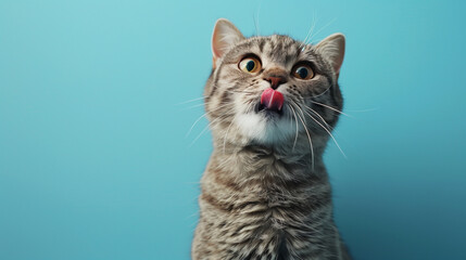 Obraz premium Scottish Fold cat with tongue out hungry expression eyes on isolated blue background with copy space